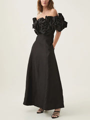 Elegant Off Shoulder Floral Applique Slim Midi Dress