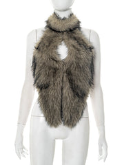 Sexy Faux Fur Hollow Out Slim Backless Halter Top