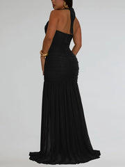 Sexy Mesh Halter Neck Backless Maxi Dress