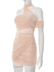 Halter Backless Mesh Pleated Party Bodycon Mini Dress