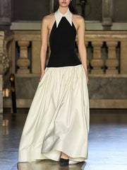 Elegant Halterneck Contrast Color A-Line Maxi Dress
