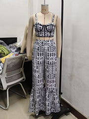 Print Crop Top High Waist Flared Trousers Two Piece Set