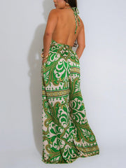 Sexy Satin Print Backless Halter Jumpsuit