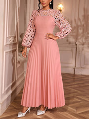 Elegant Lace Lantern Sleeve Hollow Out Pleated Dress