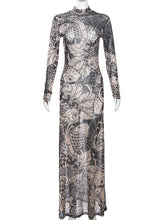 Turtleneck Print Sheer Mesh Bodycon Maxi Dress