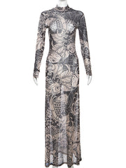 Turtleneck Print Sheer Mesh Bodycon Maxi Dress