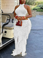 Sexy Knit Sleeveless Crop Top And Tassels Long Skirt Set