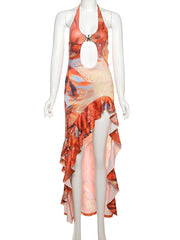 Sexy Irregular Hollow out Backless Ruffle Halter Dress