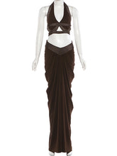 Sexy Backless Crop Top Pleated Slim Long Skirt Set