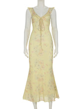 Fashion Ruffles Print V-neck Sleeveless Slim Dress