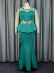 Fashion Mesh Patchwork Ruffle Party Evening Dress