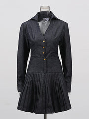 Fashion Denim Jacket Pleated Mini Skirt Set