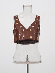 PU Leather Metal Ring Crop Vest High Waist Pant Set