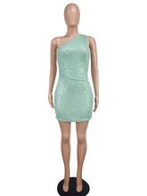 Sexy Solid Color Sequins Backless Oblique Collar Dress