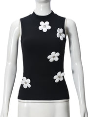 Round Neck Sleeveless 3D Flowers Slim Tank Top