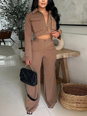 Casual Pocket Zipper Collar Long Sleeve Two Pieces