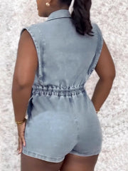 Denim Sleeveless Suit Collar Stretchy Waist Romper