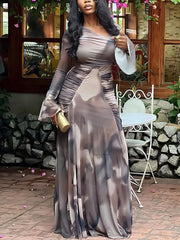 Elegant Print Patchwork Asymmetrical Collar Maxi Dress