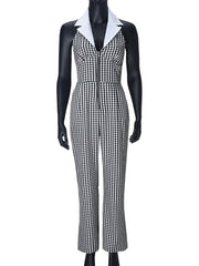 Fashion Plaid Lapel Backless Halter Jumpsuit