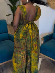 Fashion Print Backless Lace-up Pleated Maxi Dress