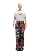 Casual Print T-shirt Wide Leg Pants Two Piece Set