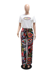 Casual Print T-shirt Wide Leg Pants Two Piece Set