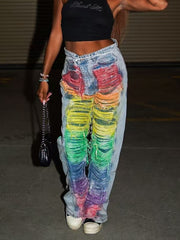 Fashion Gradient Color Ripped Straight Jeans