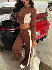 Zipper Cropped Tops Joggers Sports Casual Set
