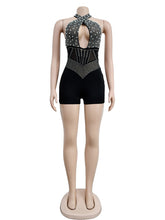 Chic Halter Neck Cutout Pearls Rhinestone Rompers