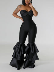 Sexy Strapless Ruffed Patchwork Bodycon Jumpsuit
