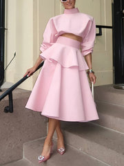 High Neck Cropped Top High Waist Ruffles Midi Skits Set