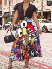 Casual Cartoon Print Pleated Skirt