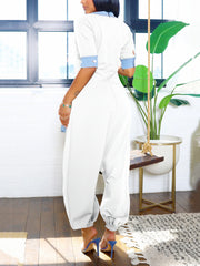 Casual V Neck Denim Patchwork Cargo Jumpsuit