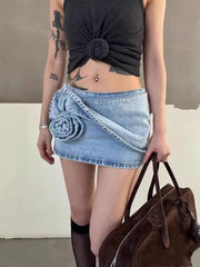 Fashion Rose Flower Embellishment Denim Mini Skirt