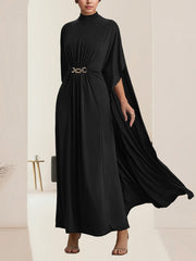 Fashion Belted Gathered Cape-Sleeve Maxi Dress
