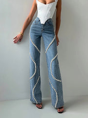 Fashion Mid-Waist Rhinestone Straight Jeans