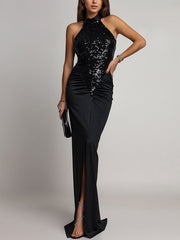 Elegant Sequin Ruffles Maxi Halter Dress