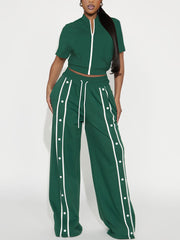 Casual Zipper Crop Top Wide Leg Pant Sportswear Set
