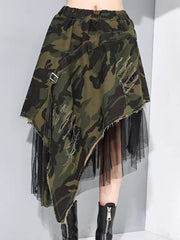 Casual Denim Patchwork Mesh Irregularity Camo Skirt