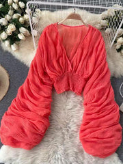 Fashion V Neck Puff Sleeve Dressy Tops