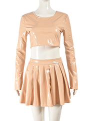 PU Leather Crop Top Pleated Skirt Two Piece Set