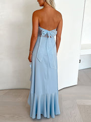 Sexy Strapless Backless Bow Hem Ruffle Maxi Dress