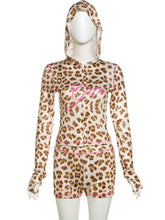 Fashion Leopard Print Hoodie Zipper Shorts Casual Set