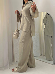 Casual Pleated Long Sleeve Shirt And Pants Sets