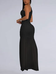 Elegant Mesh See-Through Oblique Collar Maxi Dress