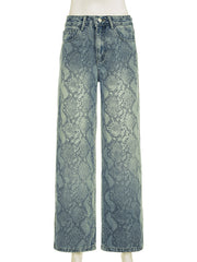 Fashion Snake Print Straight Leg Casual Jeans