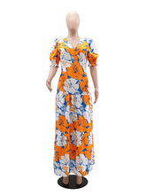 V Neck Print Bubble Sleeve Long Dress
