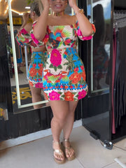 Print Off Shoulder Backless Colorful Club Dress