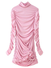 Half High Neck Flower Appliques Pleated Dress