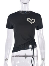 Rhinestone Hollow out Drawstring Casual love T shirt
